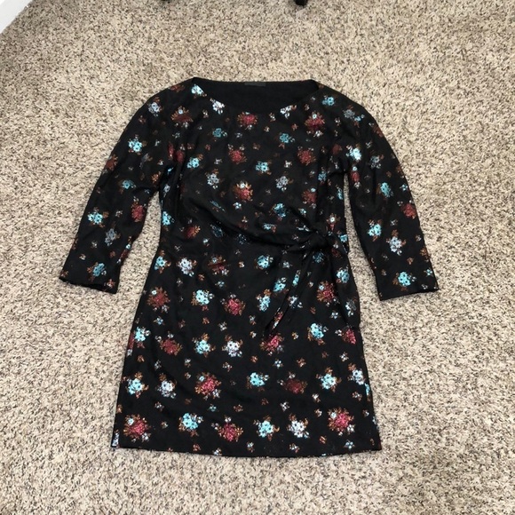 Lake Studio Sheath Dress Size 4 Black Glittery Floral Tie Waist Mini - Picture 2 of 11
